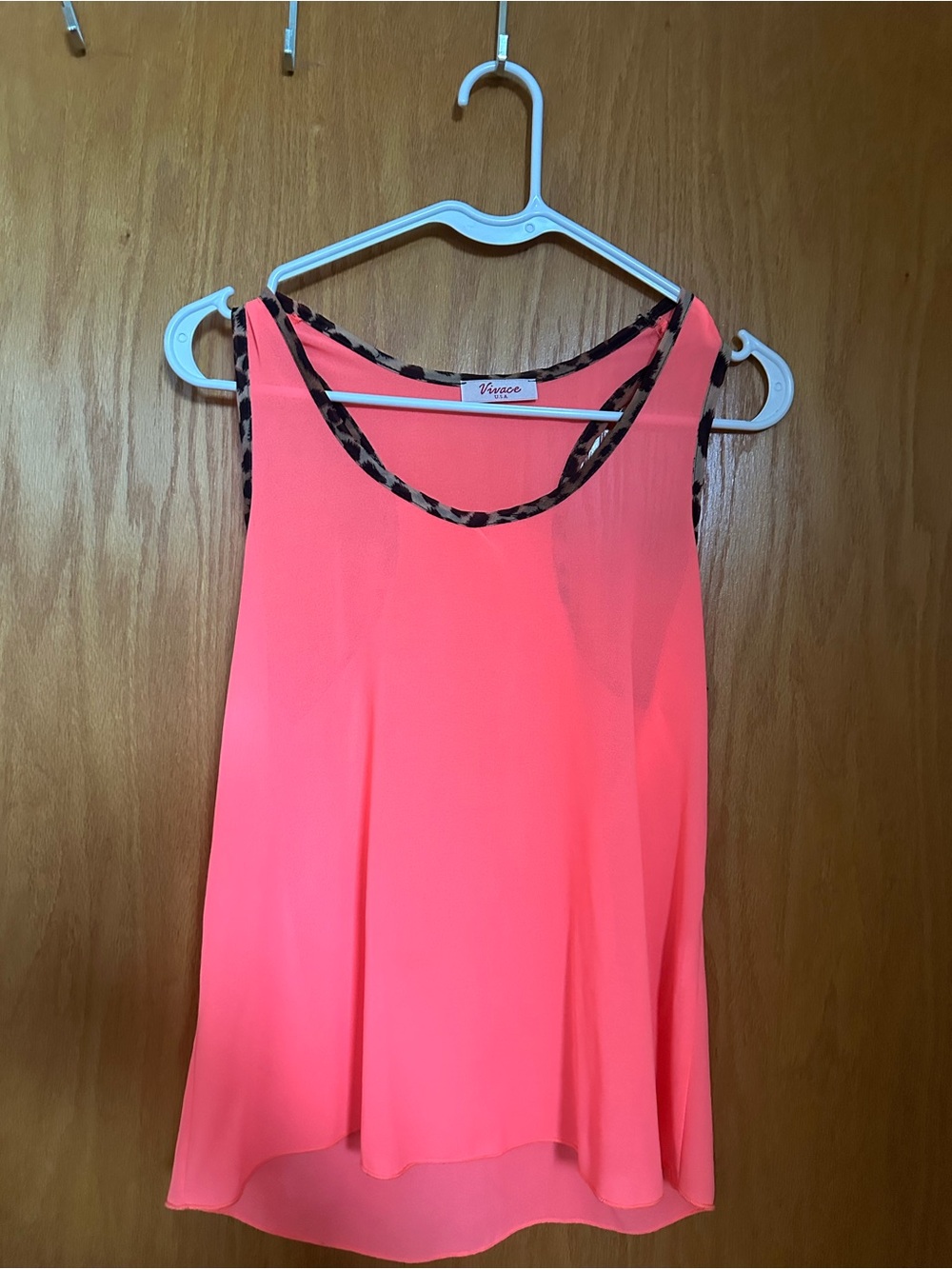 Neon Coral Chiffon Camisole with Leopard Trim